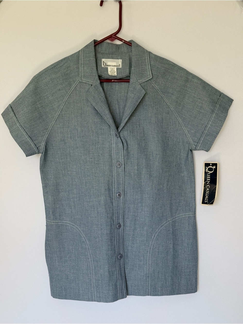 Queen Casuals Vintage Deadstock 70s Chambray Button Front Tunic Top Womens 10